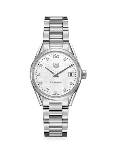Shop Tag Heuer Women's Carrera 32mm Stainless Steel, Mother-of-pearl & Diamond Quartz Bracelet Watch In Sapphire