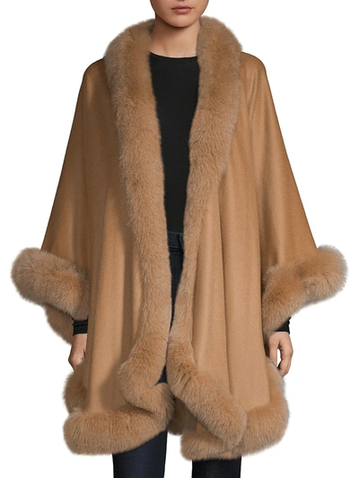 Shop Sofia Cashmere Women's Dyed Fox Fur-trim Cashmere Wrap In Camel