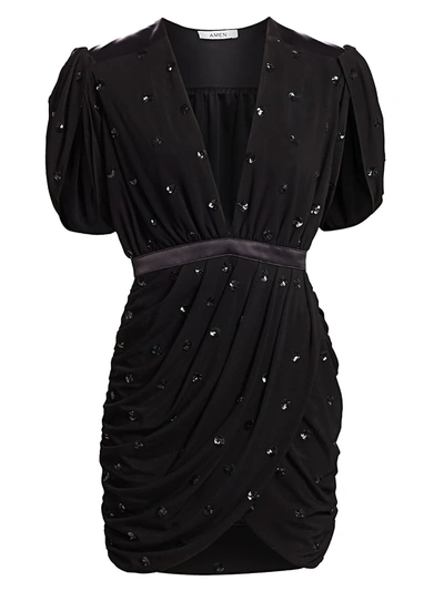 Shop Amen Women's Beaded Draped Mini Dress In Black