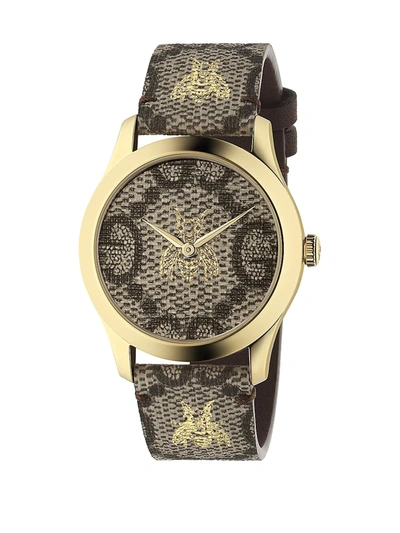 Shop Gucci Men's Embroidered Bee Goldtone Stainless Steel And Leather Strap Watch In Yellow