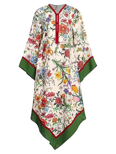 Shop Gucci Women's Floral-print Linen Twill Caftan Dress In Ivory Multi
