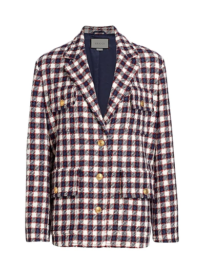 Shop Gucci Women's Lightweight Tweed Plaid Swing Jacket In White Blue