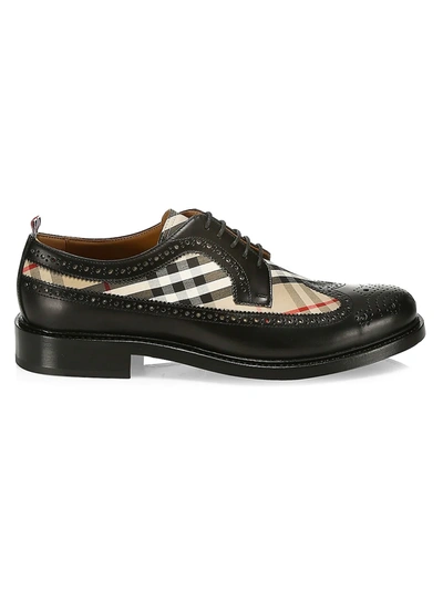 Shop Burberry Men's Arendale Check & Leather Brogues In Black Archive Beige