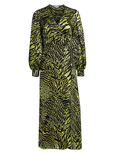 Shop Ganni Stretch Silk Satin Tiger-stripe Wrap Dress In Lime Tiger
