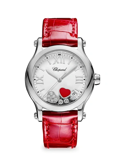 Shop Chopard Women's Happy Hearts Ronde Stainless Steel, Diamond & Alligator-strap Watch In Red