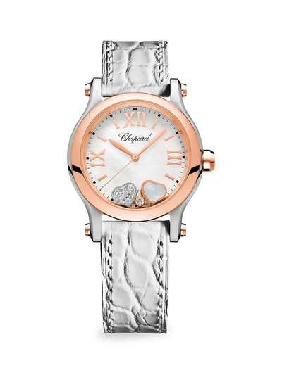 Shop Chopard Women's Happy Sport Diamond, 18k Rose Gold, Stainless Steel & White Alligator Strap Watch