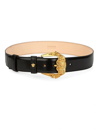 Shop Versace Women's Barocco Buckle Leather Belt In Black