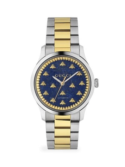 Shop Gucci Men's G-timeless Automatic Stainless Steel & 18k Yellow Gold Pvd Blue Lapiz Bracelet Watch