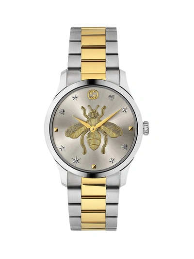 Shop Gucci Men's G-timeless Stainless Steel & Yellow Gold Pvd Bee Motif Watch In Gold Silver