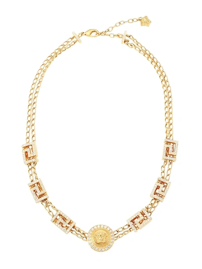 Shop Versace Women's Greca Swarovski Crystal-embellished Necklace In Gold