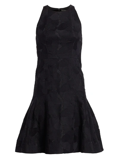 Shop Halston Floral Jacquard Sleeveless Flounce Dress In Black