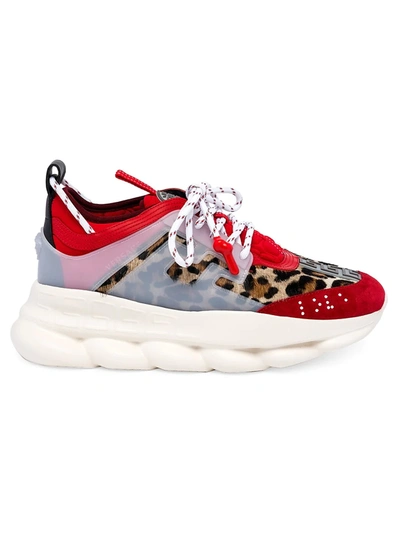 Shop Versace Men's Chain Reaction Leopard-print Calf Hair Sneakers In Poster Red