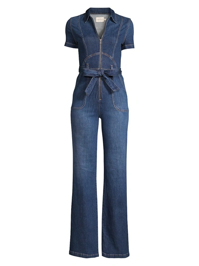 Shop Alice And Olivia Belted Denim Jumpsuit In Love Train