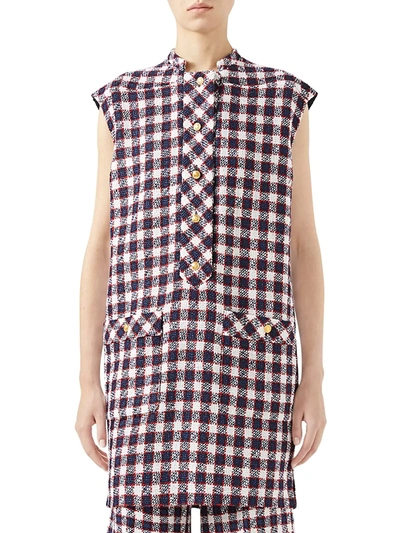 Shop Gucci Women's Tweed Plaid Sleeveless Wool-blend Tunic Top In White Blue
