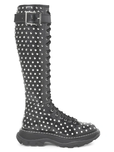 Shop Alexander Mcqueen Women's Studded Tread Lace-up Leather Boots In Black