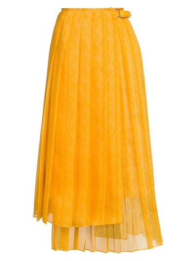 Shop Fendi Women's Feathered Organza Asymmetric Pleated Skirt In Yellow