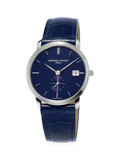 Shop Frederique Constant Slimline Quartz Stainless Steel & Leather Strap Watch In Blue