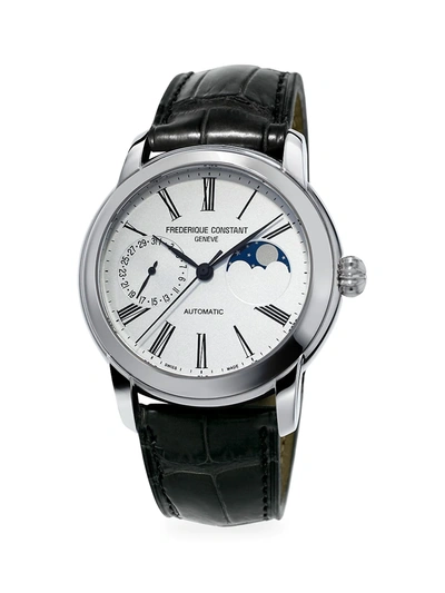 Shop Frederique Constant Classics Moonphase Manufacture Automatic Stainless Steel & Leather Strap Watch In Black