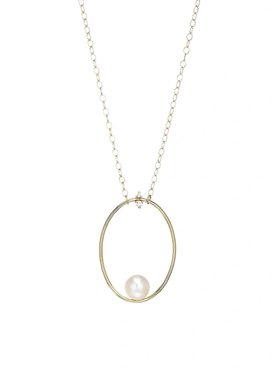 Shop Mizuki Women's Large 14k Yellow Gold, Floating 10mm Freshwater Pearl & Diamond Oval Pendant Necklace