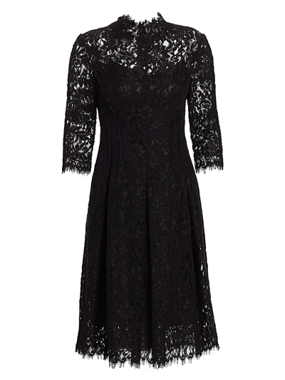 Shop Teri Jon By Rickie Freeman Women's Three-quarter Sleeve Lace Flare Dress In Black