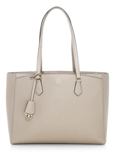 Shop Tory Burch Robinson Leather Tote In Grey Heron