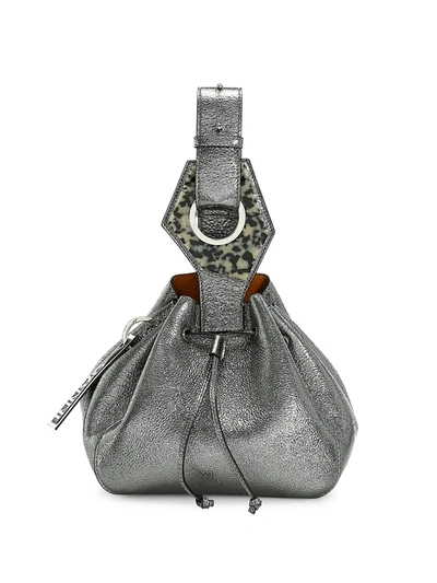Shop Ganni Women's Small Metallic Leather Bucket Bag In Dark Silver