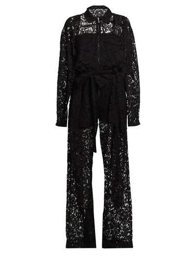 Shop Valentino Women's Heavy Lace Belted Jumpsuit In Black
