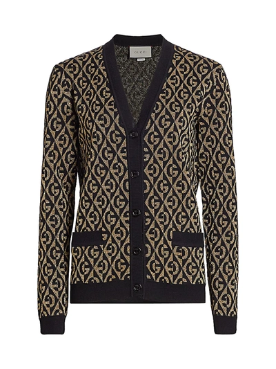 Shop Gucci Women's G-rhombus Metallic Logo Wool Jacquard Cardigan In Gold Black