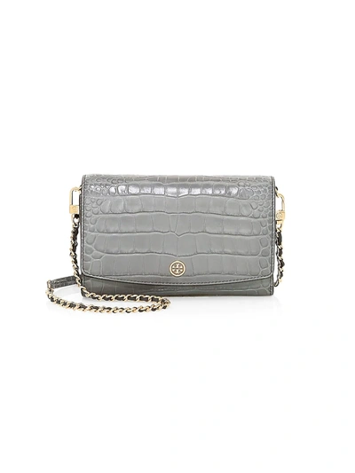 Shop Tory Burch Women's Robinson Croc-embossed Leather Wallet-on-chain In Zinc