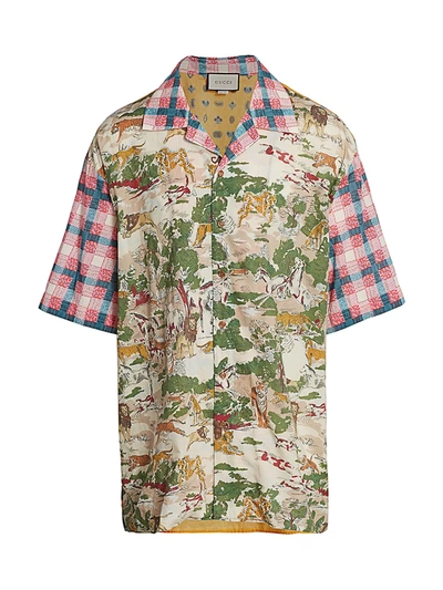 Shop Gucci Men's Oversized Mixed Print Bowling Shirt In Brown Pine