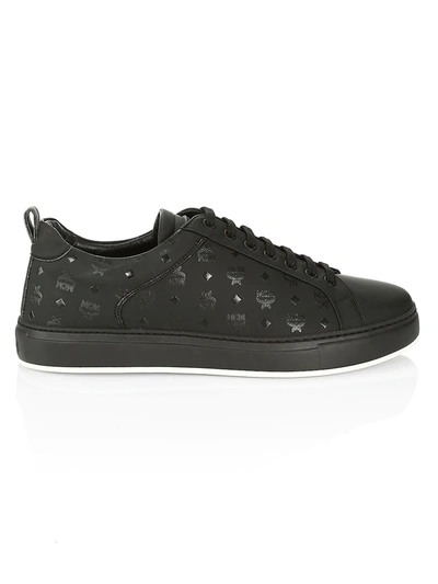 Shop Mcm Men's Logo Group M Leather Sneakers In Black