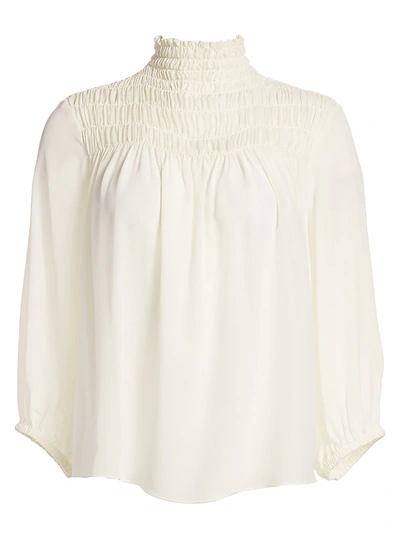Shop Frame Smocked Three-quarter Sleeve Silk Blouse In Off White