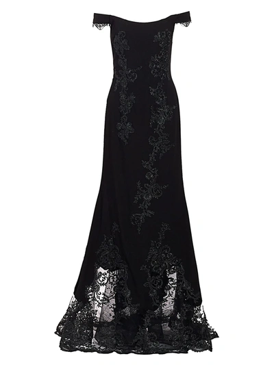 Shop Rene Ruiz Collection Lace Crepe Off-the-shoulder Mermaid Gown In Black