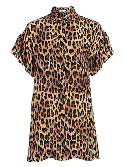 Shop Alice And Olivia Jude Leopard Print Ruffle Sleeve Shirtdress In Spotted Leopard Dark Tan