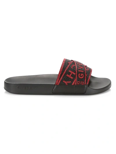 Shop Givenchy Strappy Logo Pool Slides In Black Red