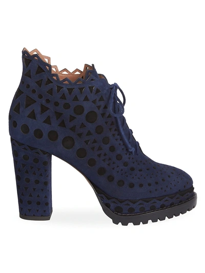 Shop Alaïa Women's Lace-up Laser Cut Suede Ankle Boots In Bleu Noir