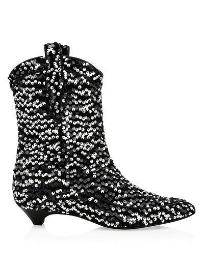 Shop Laurence Dacade Vanessa Sequin-trimmed Leather Western Boots In Black Silver
