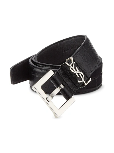 Shop Saint Laurent Croc-embossed Leather Belt In Black