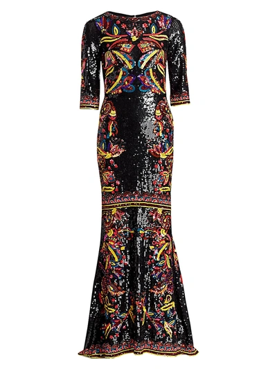 Shop Alice And Olivia Jae Sequin Three Quarter-sleeve Gown In Black Multi