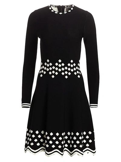 Shop Lela Rose Women's Diamond Jacquard Knit Long-sleeve Dress In Black White