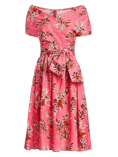 Shop Lela Rose Wildflower-print Cotton Off-the-shoulder Cape Dress In Peony Multi