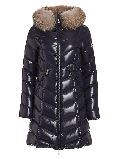 Shop Moncler Women's Fulmarus Fox Fur-trim Lacquer Puffer Coat In Navy