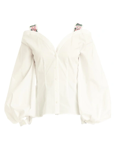 Shop Carolina Herrera Puff-sleeve V-neck Floral-embroidered Strap Shirt In White Multi