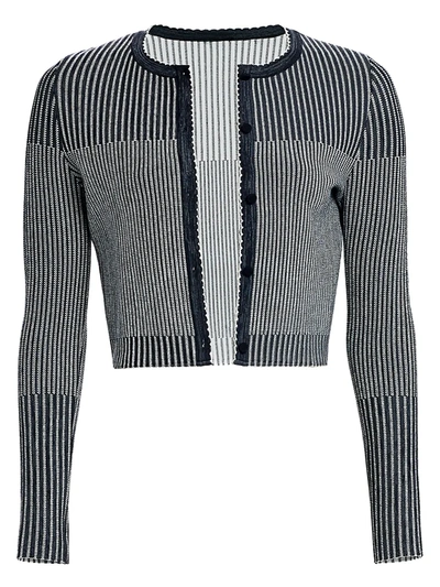 Shop Oscar De La Renta Cropped Knit Cardigan In Navy White