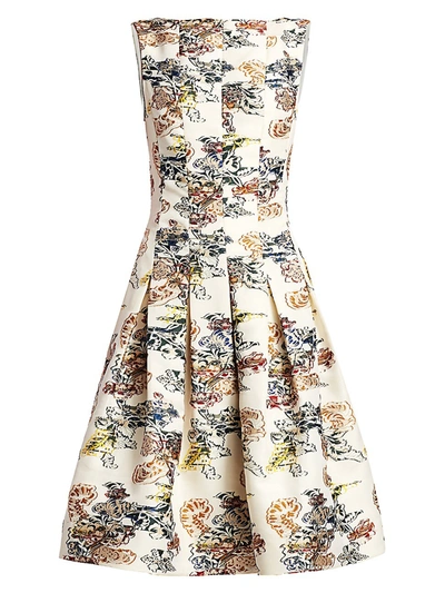 Shop Oscar De La Renta Women's Floral-print Seam Box Pleat A-line Dress In Ivory