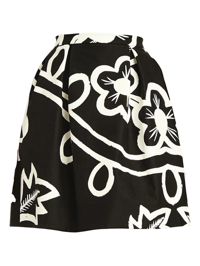 Shop Carolina Herrera Pleated Floral Poplin Skirt In Black White