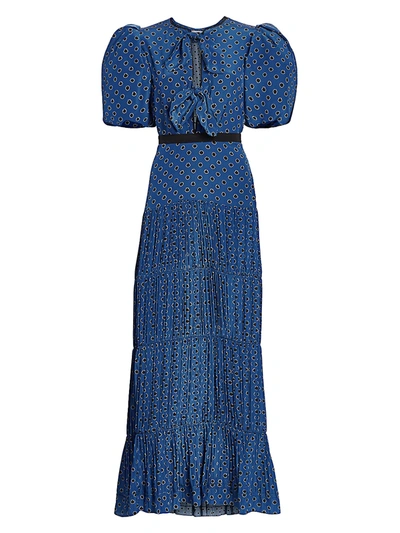Shop Johanna Ortiz Women's Ancient Treasures Polka Dot Bow Plissé Puff-sleeve Maxi Dress In Pacifico Blue