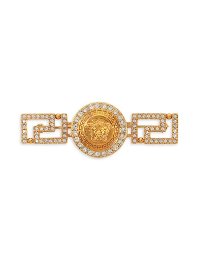 Shop Versace Women's Greca Swarovski Crystal & Brass Brooch In Gold