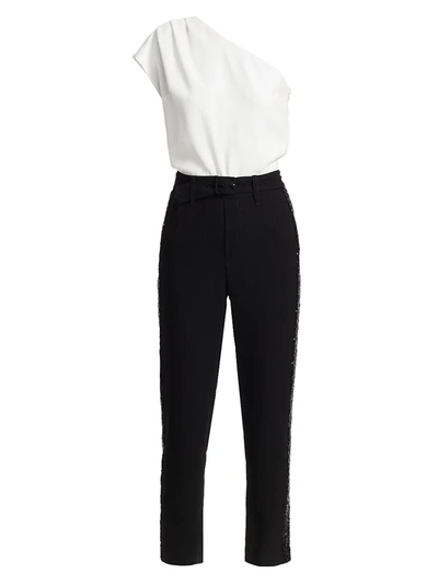 Shop Derek Lam 10 Crosby Women's Belted One-shoulder Sequin-stripe Jumpsuit In White Black