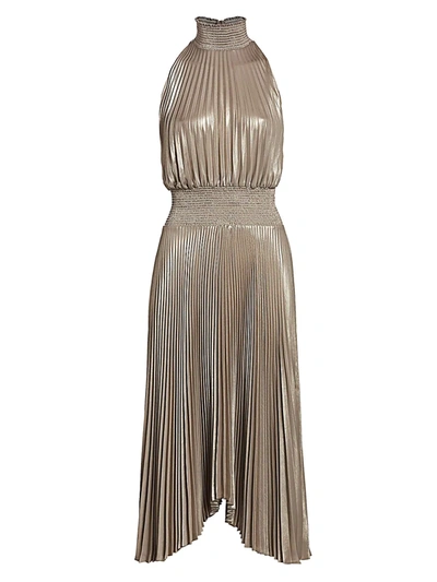 Shop A.l.c Renzo Pleated Metallic Halter Dress In Antique Gold